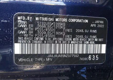 2022 Mitsubishi Outlander Black Edition S-Awc from USA, damaged, VIN JA4J4UA89NZ077502